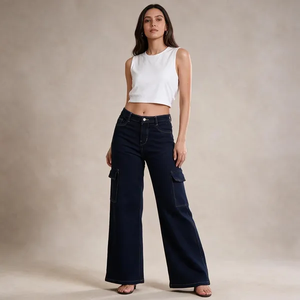 Dark_Blue_Denim_Baggy_Fit_Cargo_Jeans_For_Women