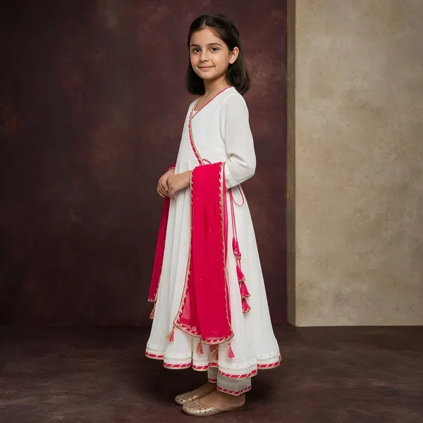 White_Georgette_Flared_Sleeve_Anarkali_Ethnic_Set_For_Girls