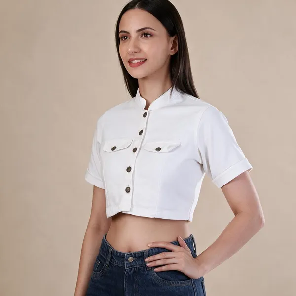 White_Denim_Stretchable_Half_Sleeve_Shirt_Neck_Crop_Top_For_Women