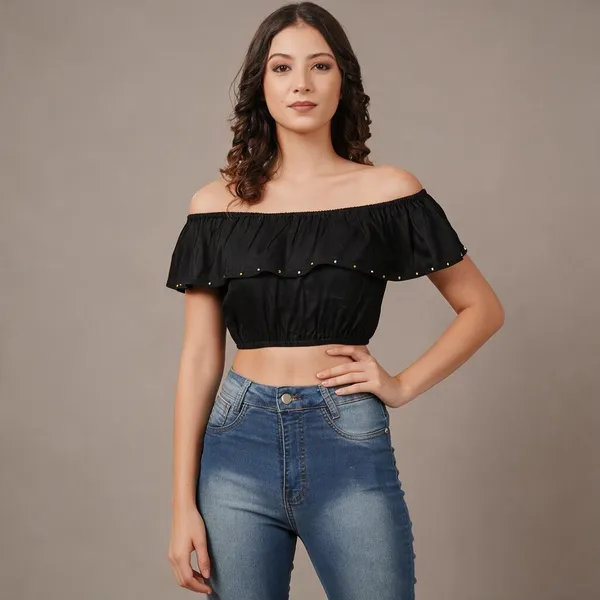 Black_Rayon_Off_Shoulder_Bow_Sleeve_Crop_Top_For_Women