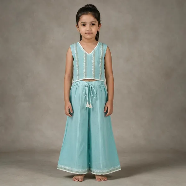Turquoise_Georgette_Sleeveless_Crop_Top_Palazzo_Set_With_Dupatta_For_Girls