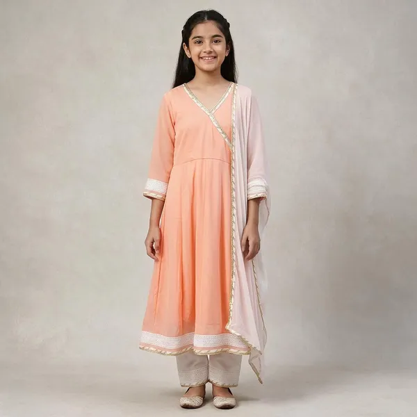 Peach_Georgette_Flared_Sleeve_Anarkali_Ethnic_Set_For_Girls