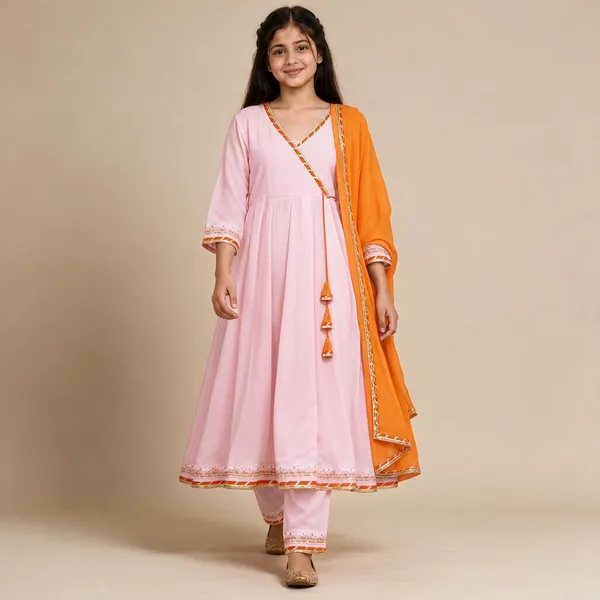 Pink_And_Orange_Georgette_Flared_Sleeve_Anarkali_Ethnic_Set_For_Girls