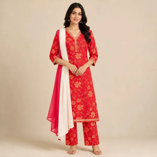 Red_Cotton_Printed_Kurta_Pant_Set_With_Dupatta_For_Women