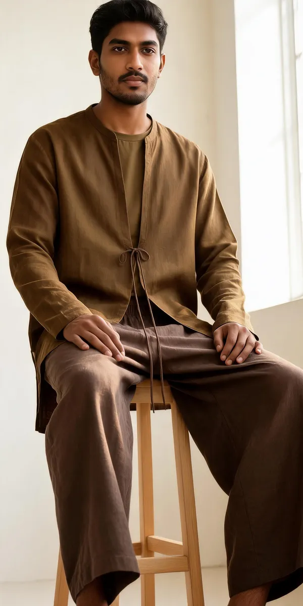 Brown_Linen_Straight_Leg_Drawstring_Trousers_For_Men