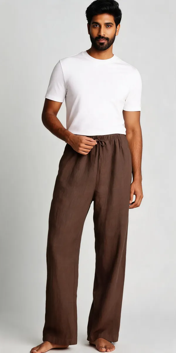Brown_Linen_Straight_Leg_Drawstring_Trousers_For_Men