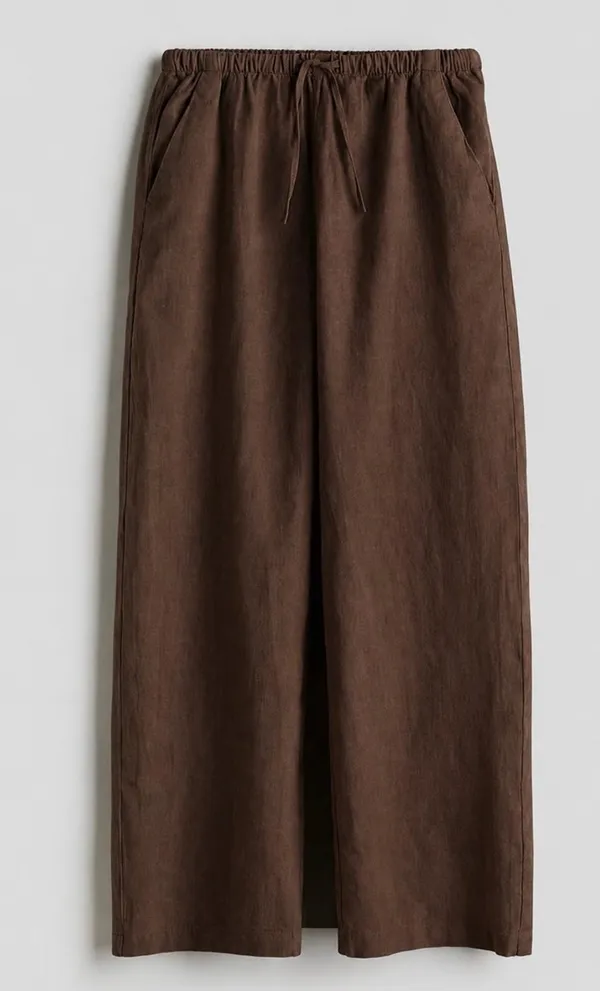 Brown_Linen_Straight_Leg_Drawstring_Trousers_For_Men