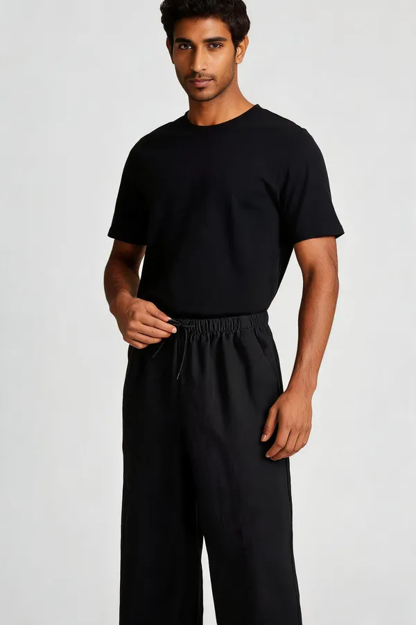 Black_And_Cream_Linen_Relaxed_Drawstring_Trousers_For_Men_Pack_of_2