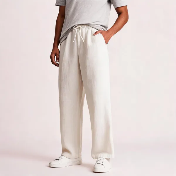 Cream_Linen_Relaxed_Fit_Drawstring_Trousers_For_Men