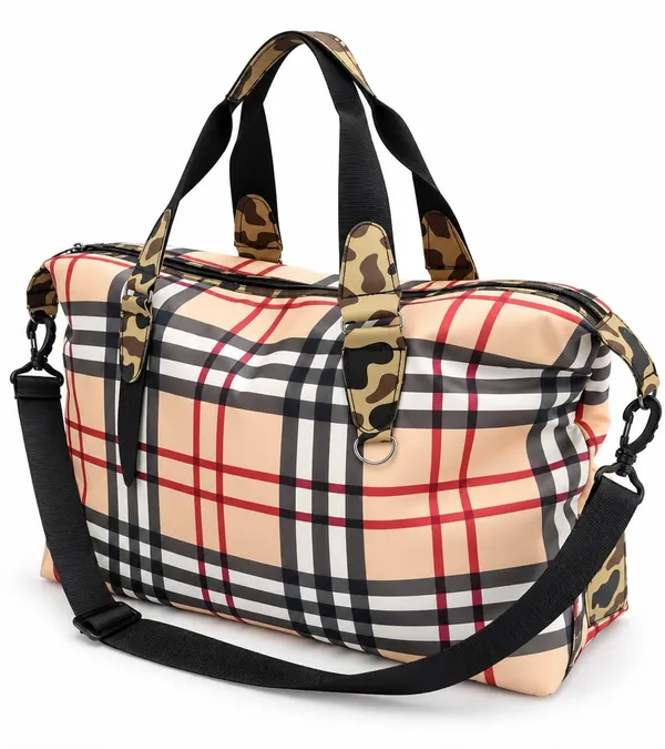 Yatra_Travel_Duffel_Bag_Beige_Black_Red_Check_Pattern_Camouflage_Handle_Pads_Dual_Zipper_Weekend_Trip_Bagwith_Front_Pocket_Side_Straps