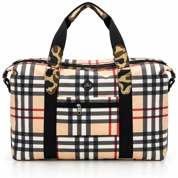 Yatra_Travel_Duffel_Bag_Beige_Black_Red_Check_Pattern_Camouflage_Handle_Pads_Dual_Zipper_Weekend_Trip_Bagwith_Front_Pocket_Side_Straps
