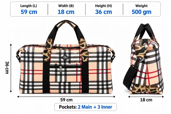 Yatra_Travel_Duffel_Bag_Beige_Black_Red_Check_Pattern_Camouflage_Handle_Pads_Dual_Zipper_Weekend_Trip_Bagwith_Front_Pocket_Side_Straps