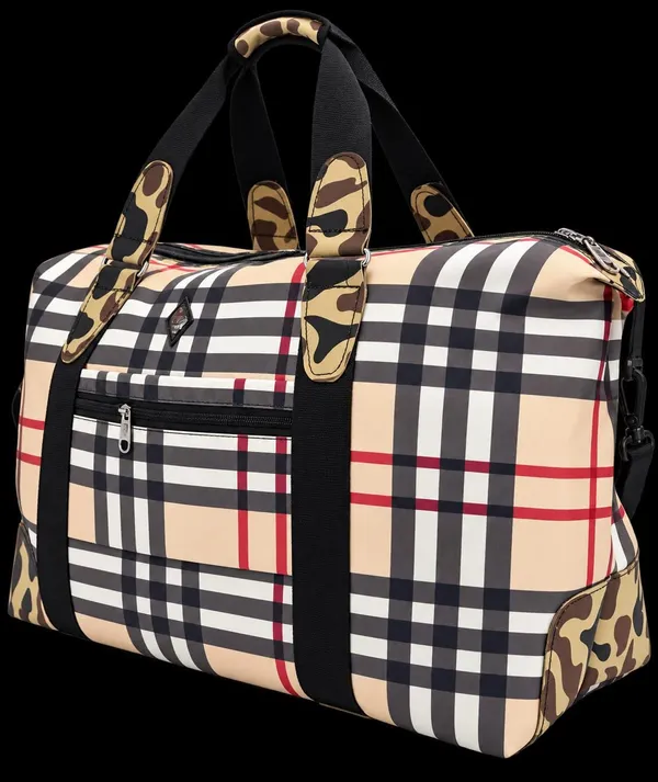 Yatra_Travel_Duffel_Bag_Beige_Black_Red_Check_Pattern_Camouflage_Handle_Pads_Dual_Zipper_Weekend_Trip_Bagwith_Front_Pocket_Side_Straps