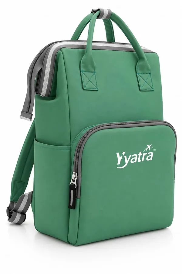 Product_Summary_Diaper_Bag_For_Mothers_For_Travel_Soft_Fabric_Front_Zip_Pocket_Green_Color_Side_Pockets_Dual_Top_Handles_Grey_Straps_Yatra_Logo_Airplane_Print_Multi_Compartment_Carry_Mother_Bag_For_Baby