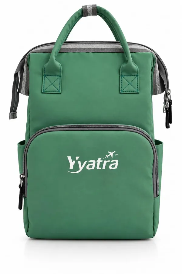 Product_Summary_Diaper_Bag_For_Mothers_For_Travel_Soft_Fabric_Front_Zip_Pocket_Green_Color_Side_Pockets_Dual_Top_Handles_Grey_Straps_Yatra_Logo_Airplane_Print_Multi_Compartment_Carry_Mother_Bag_For_Baby