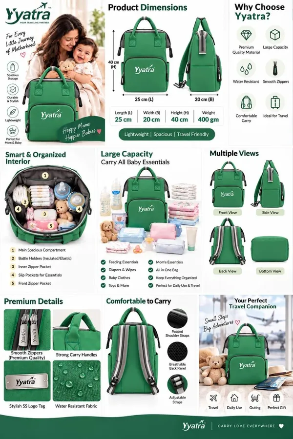 Product_Summary_Diaper_Bag_For_Mothers_For_Travel_Soft_Fabric_Front_Zip_Pocket_Green_Color_Side_Pockets_Dual_Top_Handles_Grey_Straps_Yatra_Logo_Airplane_Print_Multi_Compartment_Carry_Mother_Bag_For_Baby