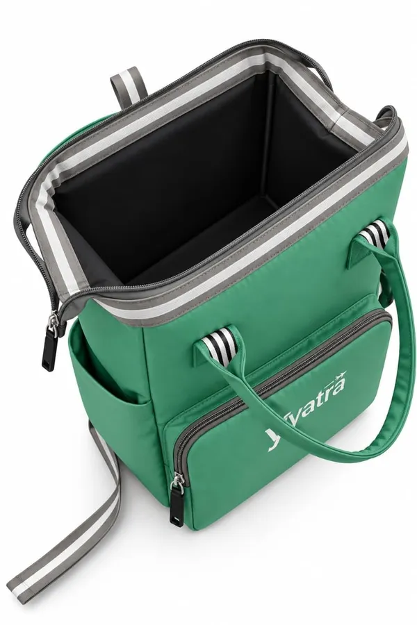 Product_Summary_Diaper_Bag_For_Mothers_For_Travel_Soft_Fabric_Front_Zip_Pocket_Green_Color_Side_Pockets_Dual_Top_Handles_Grey_Straps_Yatra_Logo_Airplane_Print_Multi_Compartment_Carry_Mother_Bag_For_Baby