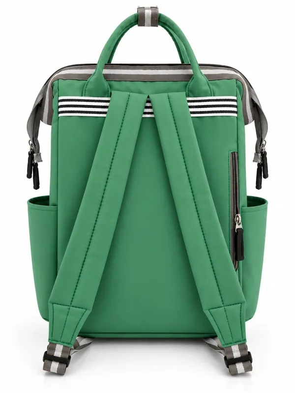 Product_Summary_Diaper_Bag_For_Mothers_For_Travel_Soft_Fabric_Front_Zip_Pocket_Green_Color_Side_Pockets_Dual_Top_Handles_Grey_Straps_Yatra_Logo_Airplane_Print_Multi_Compartment_Carry_Mother_Bag_For_Baby