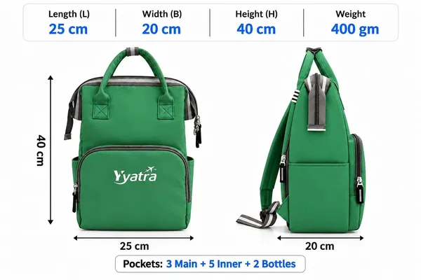 Product_Summary_Diaper_Bag_For_Mothers_For_Travel_Soft_Fabric_Front_Zip_Pocket_Green_Color_Side_Pockets_Dual_Top_Handles_Grey_Straps_Yatra_Logo_Airplane_Print_Multi_Compartment_Carry_Mother_Bag_For_Baby