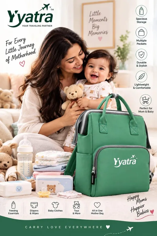 Product_Summary_Diaper_Bag_For_Mothers_For_Travel_Soft_Fabric_Front_Zip_Pocket_Green_Color_Side_Pockets_Dual_Top_Handles_Grey_Straps_Yatra_Logo_Airplane_Print_Multi_Compartment_Carry_Mother_Bag_For_Baby
