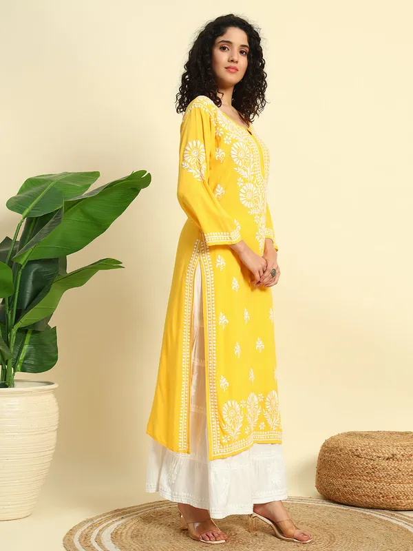 Rayon_Long_Kurti_For_Women_Yellow_Soft_Pure_Riyon