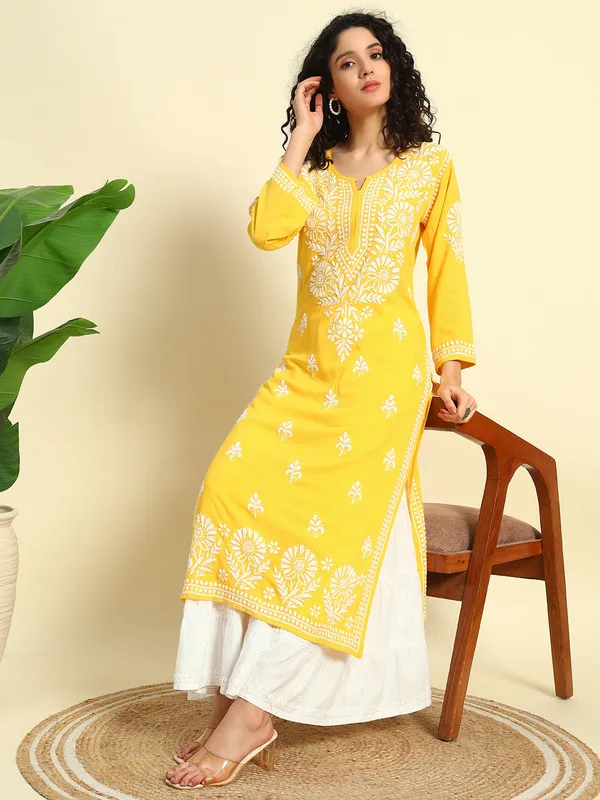 Rayon_Long_Kurti_For_Women_Yellow_Soft_Pure_Riyon