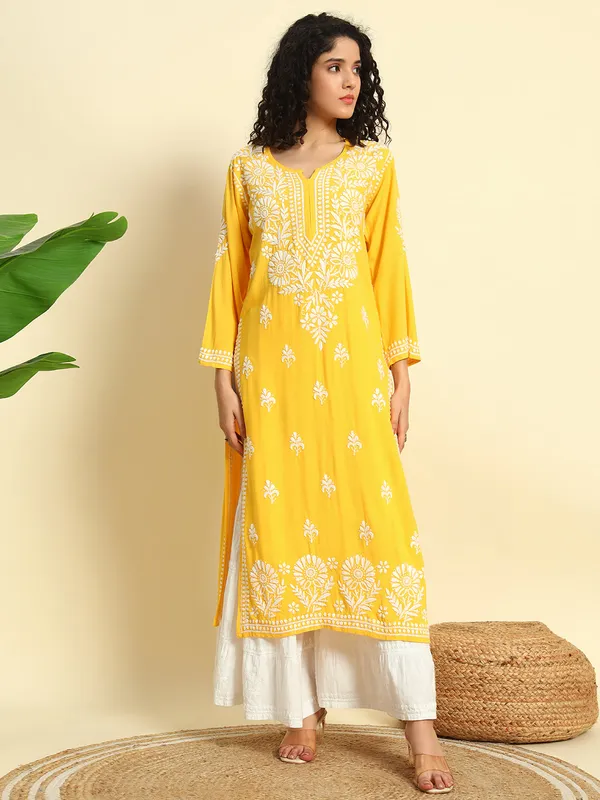 Rayon_Long_Kurti_For_Women_Yellow_Soft_Pure_Riyon