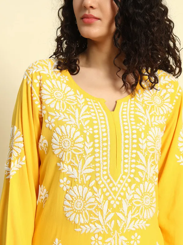 Rayon_Long_Kurti_For_Women_Yellow_Soft_Pure_Riyon