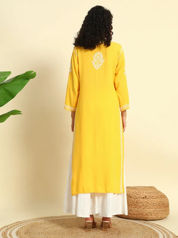 Rayon_Long_Kurti_For_Women_Yellow_Soft_Pure_Riyon