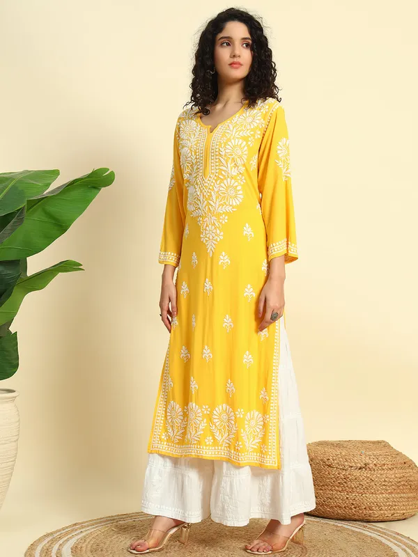 Rayon_Long_Kurti_For_Women_Yellow_Soft_Pure_Riyon