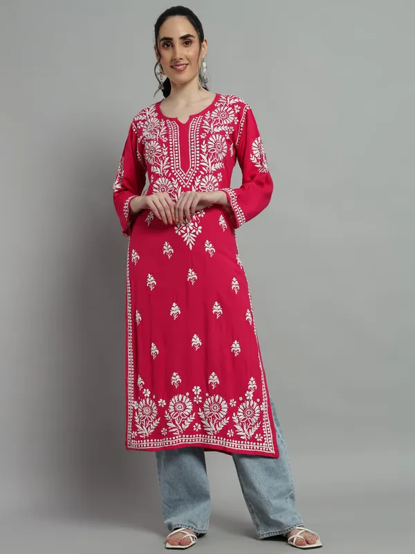Rayon_Long_Kurti_For_Women_Magenta_Pink_Soft_Pure_Riyon