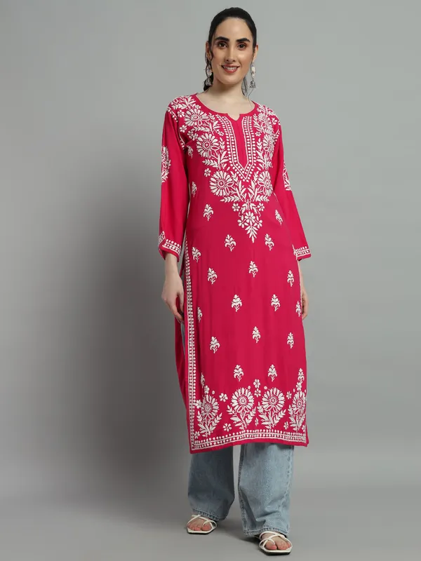 Rayon_Long_Kurti_For_Women_Magenta_Pink_Soft_Pure_Riyon