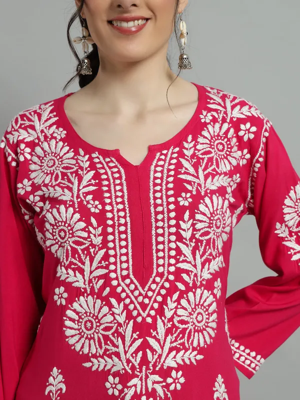 Rayon_Long_Kurti_For_Women_Magenta_Pink_Soft_Pure_Riyon