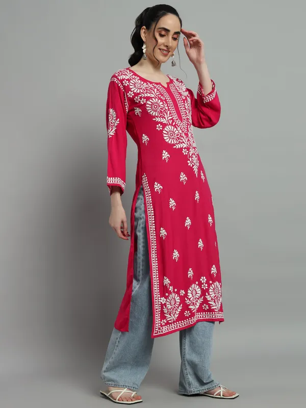 Rayon_Long_Kurti_For_Women_Magenta_Pink_Soft_Pure_Riyon