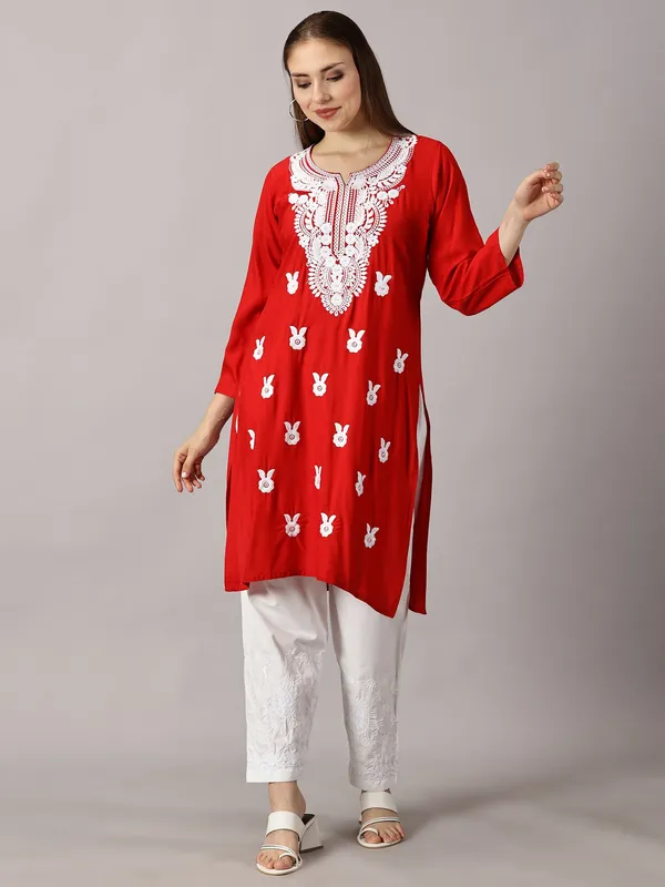 Rayon_Kurta_Sets_Red_Rayon_Cotton