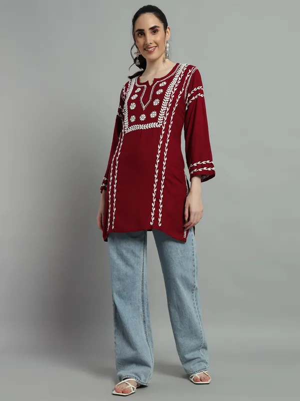 Cotton_Rayon_Short_Maroon_Kurti_For_Women