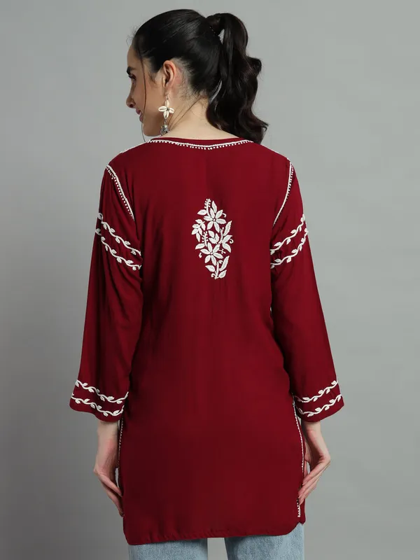 Cotton_Rayon_Short_Maroon_Kurti_For_Women