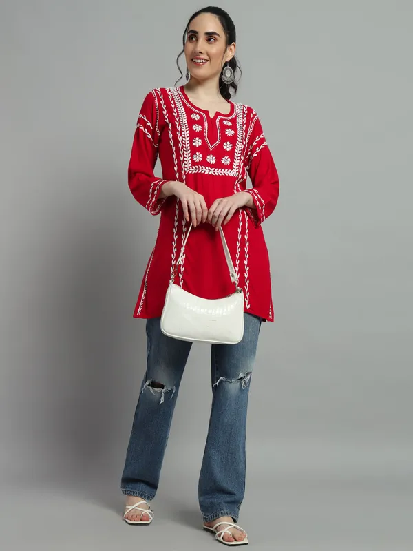 Cotton_Rayon_Short_Magenta_Kurti_For_Women_S