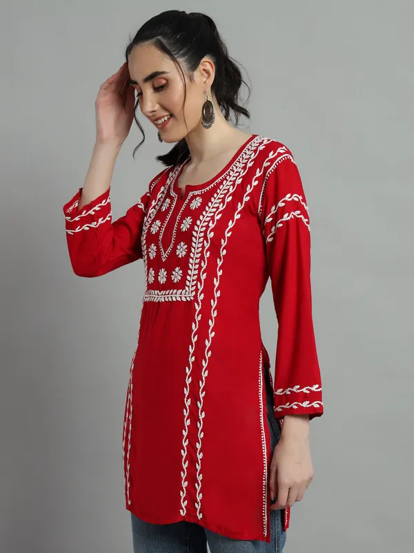 Cotton_Rayon_Short_Magenta_Kurti_For_Women_S