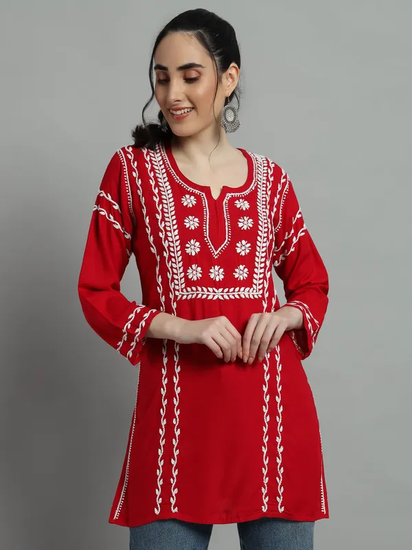 Cotton_Rayon_Short_Magenta_Kurti_For_Women_S