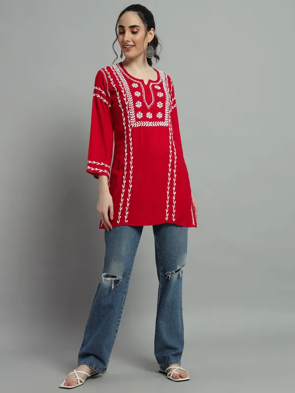 Cotton_Rayon_Short_Magenta_Kurti_For_Women_S