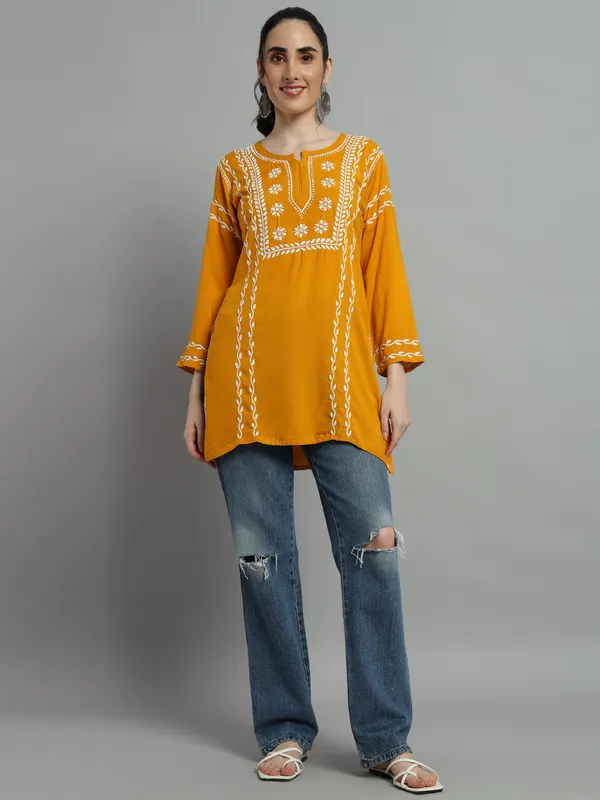 Cotton_Rayon_Short_Mustard_Kurti_For_Women_Rayon