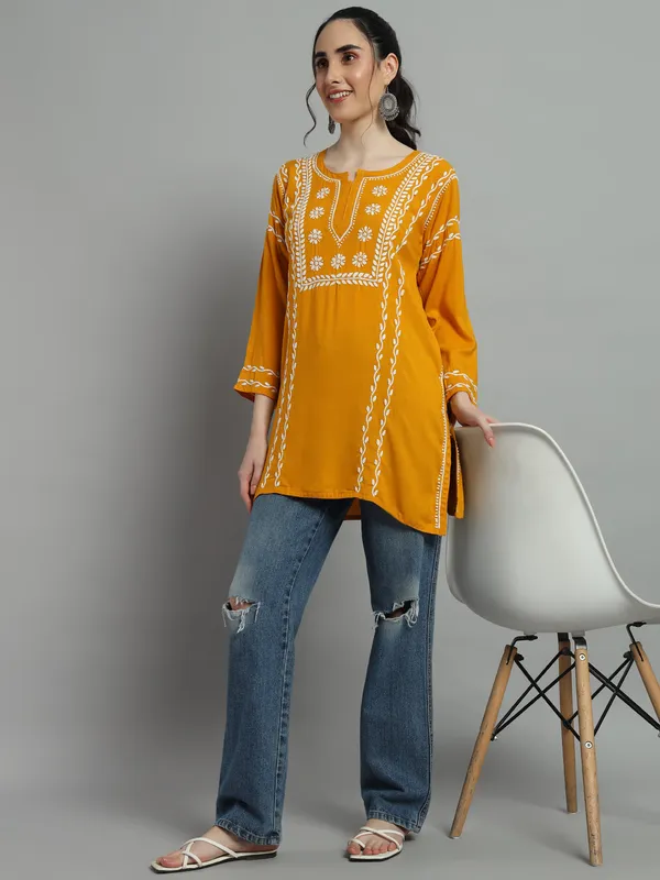 Cotton_Rayon_Short_Mustard_Kurti_For_Women_Rayon