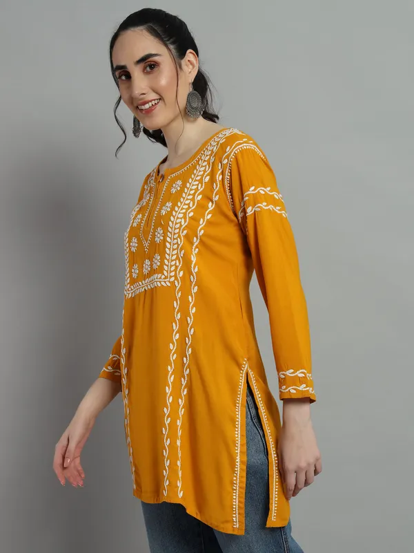 Cotton_Rayon_Short_Mustard_Kurti_For_Women_Rayon