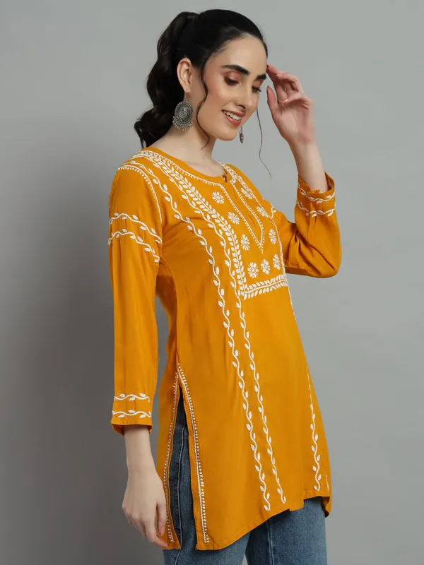 Cotton_Rayon_Short_Mustard_Kurti_For_Women_Rayon