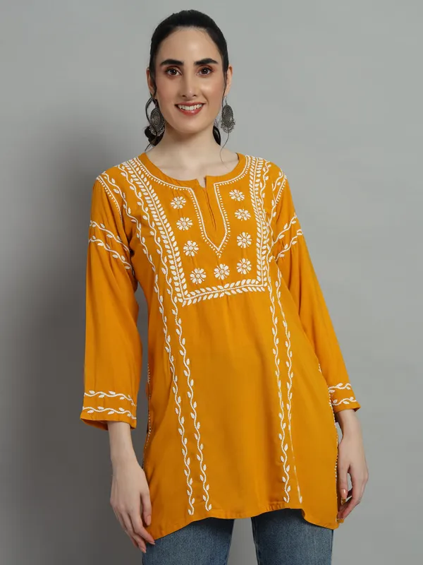 Cotton_Rayon_Short_Mustard_Kurti_For_Women_Rayon