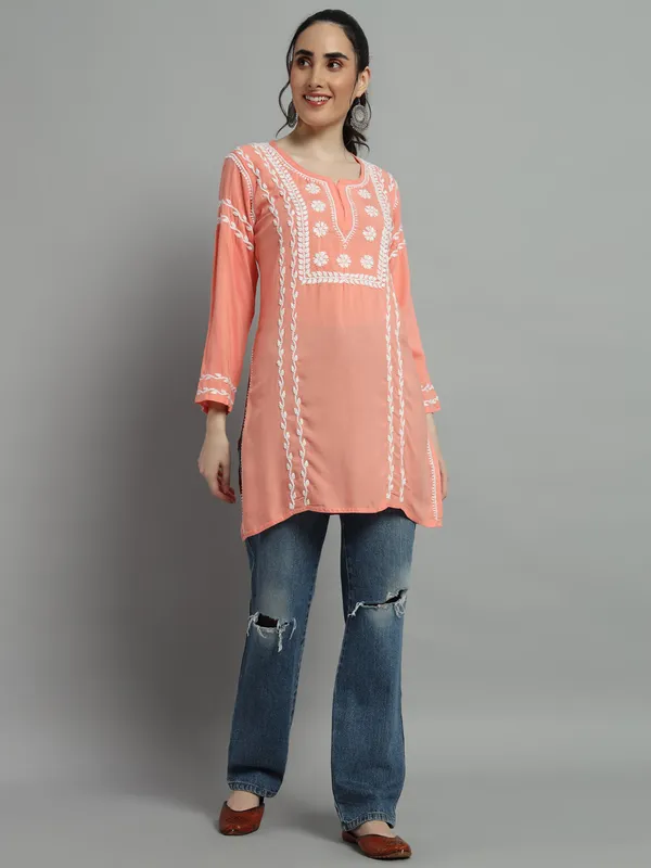 Cotton_Rayon_Short_Peach_Kurti_For_Women_S