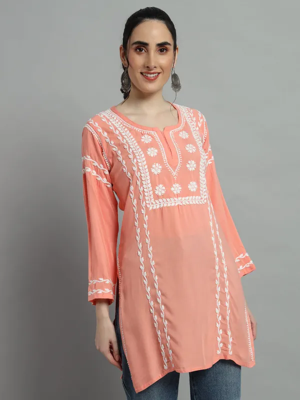 Cotton_Rayon_Short_Peach_Kurti_For_Women_S