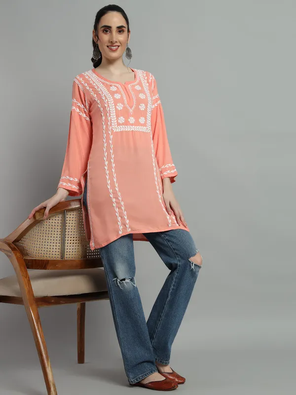 Cotton_Rayon_Short_Peach_Kurti_For_Women_S