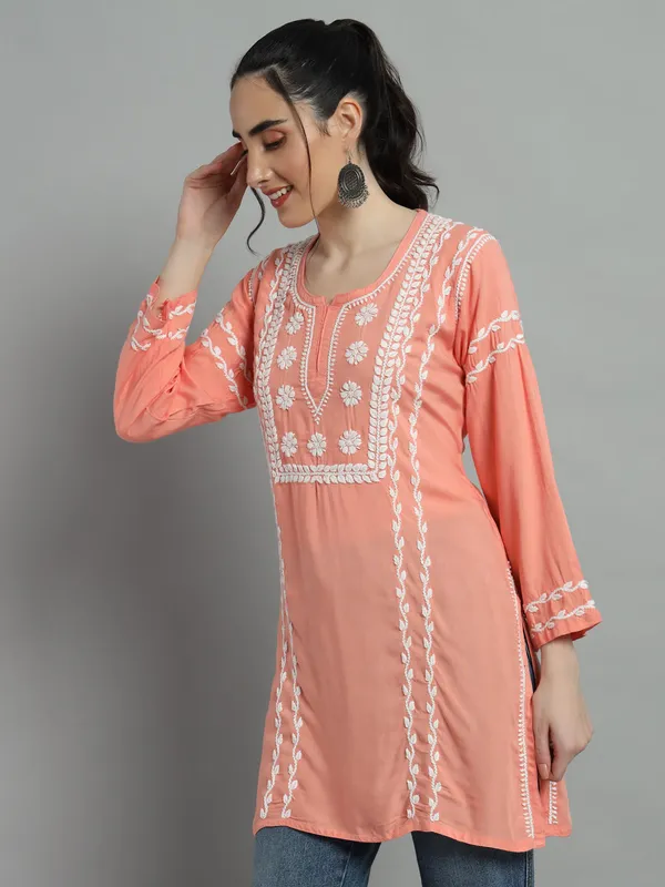 Cotton_Rayon_Short_Peach_Kurti_For_Women_S